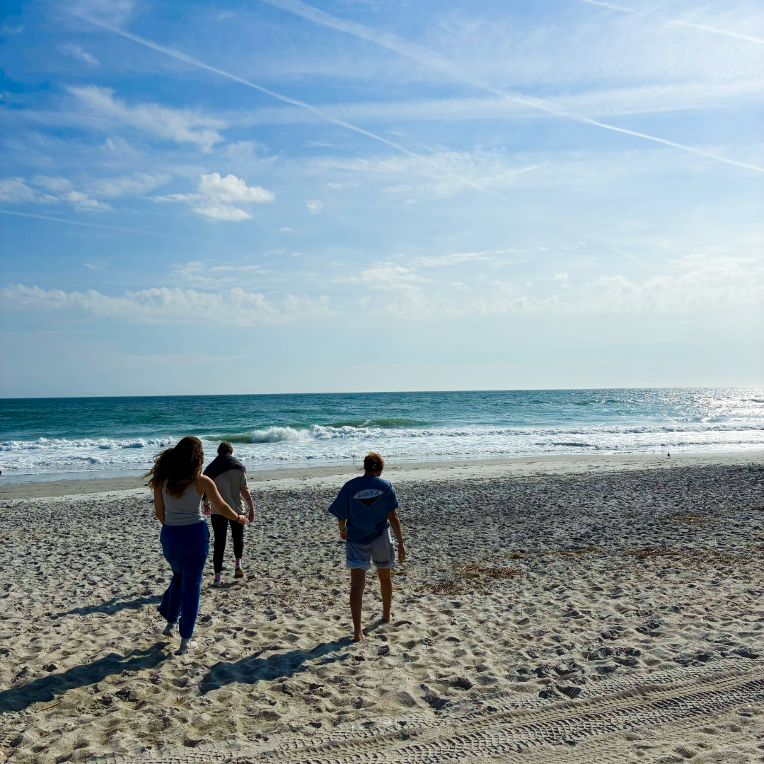 three people walking along the beach